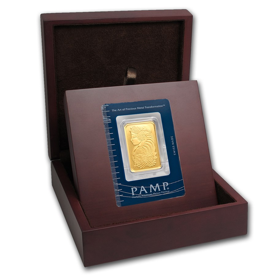 APMEX Wood Gift Box - PAMP Suisse Gold Bar (w/Assay)