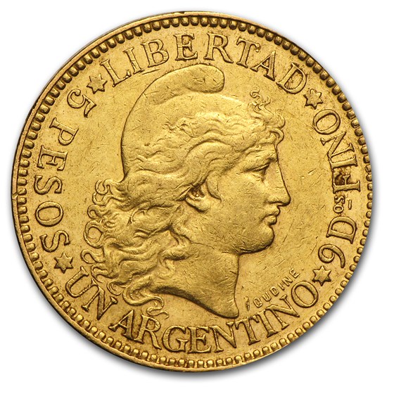 Argentina Gold 5 Pesos Un Argentino (1881-1896) Avg Circ Argentina Gold 5 Pesos Un Argentino (1881-1896) Avg Circ