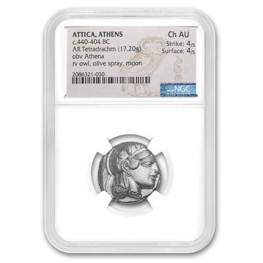 Attica, Athens AR Tetradrachm Owl 440-404 BC Ch AU NGC 4/4