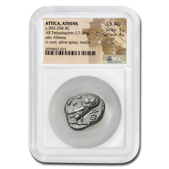 Attica Athens Silver Tetradrachm Owl (393-294 BC) Ch AU NGC Attica Athens Silver Tetradrachm Owl (393-294 BC) Ch AU NGC