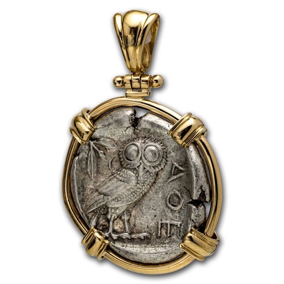 Attica Athens Silver Tetradrachm Owl (440-404 BC) 14 K Gold Bezel Attica Athens Silver Tetradrachm Owl (440-404 BC) 14 K Gold Bezel