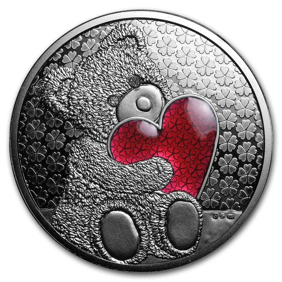 Austrian Silver Teddy Bear Round (Red Heart w/Diamonds)