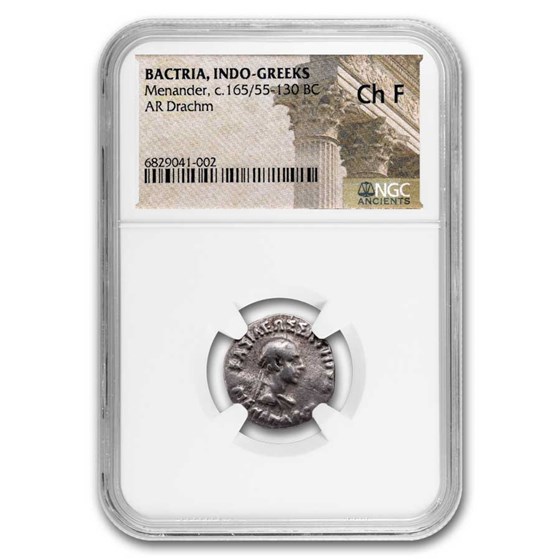 Bactria AR Drachm Menander (165-130 BC) Ch Fine NGC (Random Coin) Bactria AR Drachm Menander (165-130 BC) Ch Fine NGC (Random Coin)
