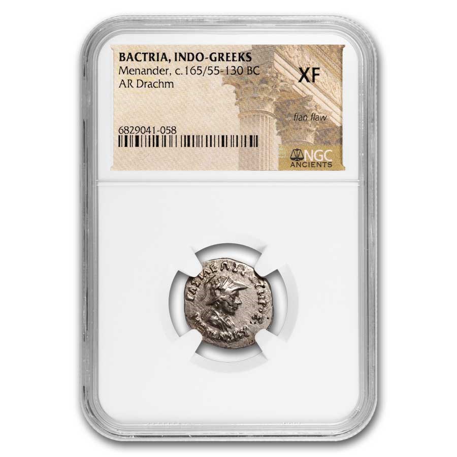 Bactria AR Drachm Menander (165-130 BC) XF NGC (Random Coin)