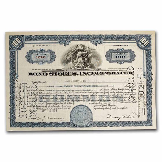 Bond Stores, Incorporated Stock Certificate (Blue) Bond Stores, Incorporated Stock Certificate (Blue)