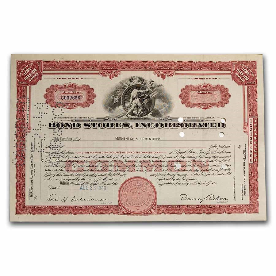 Bond Stores, Incorporated Stock Certificate (Red)