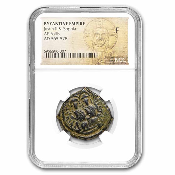 Byzantine AE Follis Justin II & Sophia (565-578 AD) Fine NGC