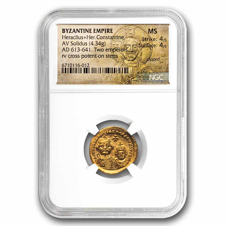 Byzantine AV Solidus Heraclius+H-Const. (613-641 AD) MS NGC (4/4)