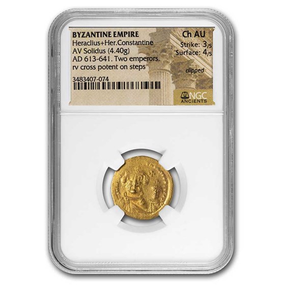 Byzantine AV Solidus Heraclius+Her. Cons (613-641 AD) Ch AU NGC Byzantine AV Solidus Heraclius+Her. Cons (613-641 AD) Ch AU NGC
