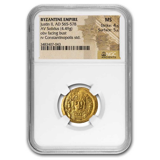 Byzantine Empire AV Solidus Justin II (565-578 AD) MS NGC (S-345) Byzantine Empire AV Solidus Justin II (565-578 AD) MS NGC (S-345)