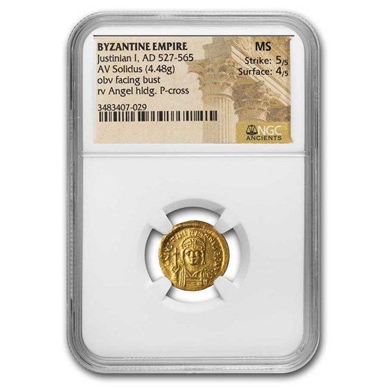 Byzantine Empire AV Solidus Justinian I (527-565 AD) MS NGC S-140 Byzantine Empire AV Solidus Justinian I (527-565 AD) MS NGC S-140