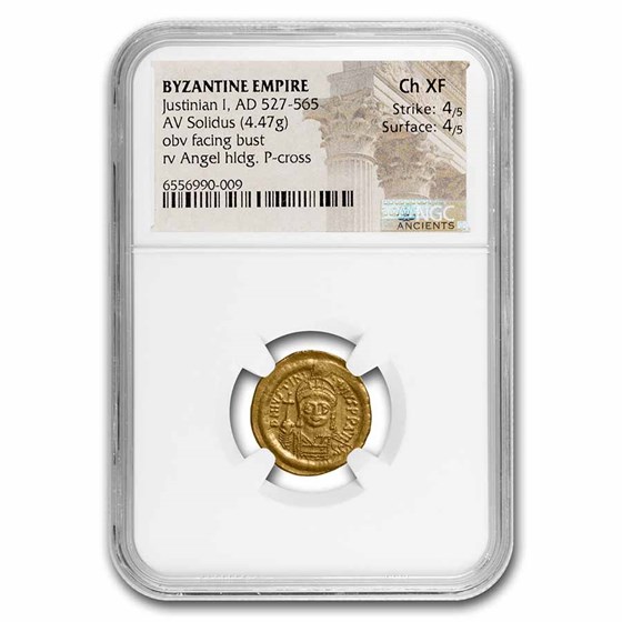Byzantine Empire AV Solidus Justinian I 527-65 AD Ch XF NGC S-140 Byzantine Empire AV Solidus Justinian I 527-65 AD Ch XF NGC S-140
