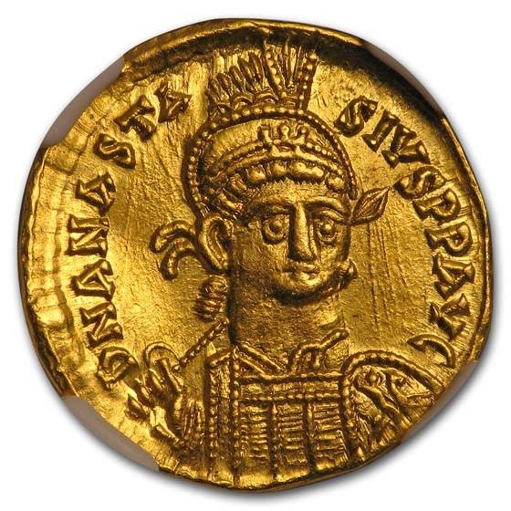 Byzantine Gold Solidus Emp Anastasius I (491-518 AD) Ch AU NGC
