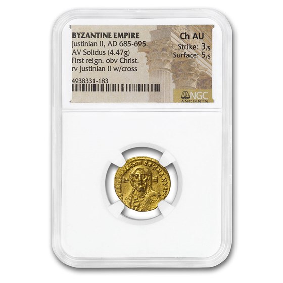 Byzantine Gold Solidus Justinian II (685-695 AD) Ch AU NGC Byzantine Gold Solidus Justinian II (685-695 AD) Ch AU NGC