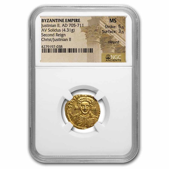 Byzantine Gold Solidus Justinian II (705-711 AD) MS NGC (S-1413) Byzantine Gold Solidus Justinian II (705-711 AD) MS NGC (S-1413)