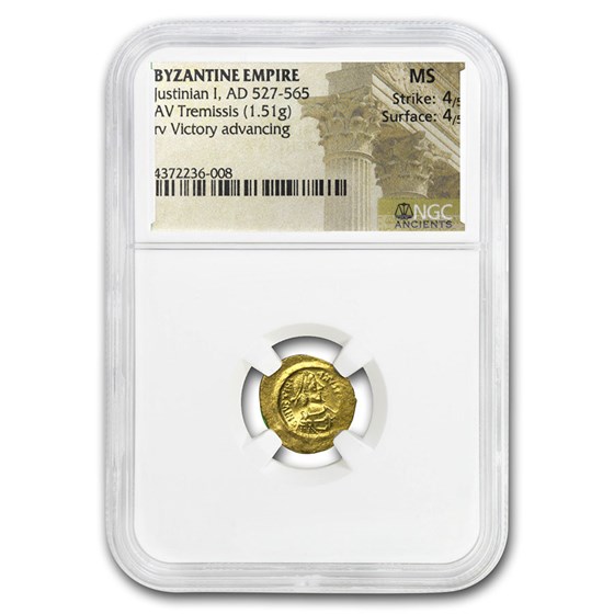 Byzantine Gold Tremissis Justinian I (527-565 AD) MS NGC Byzantine Gold Tremissis Justinian I (527-565 AD) MS NGC
