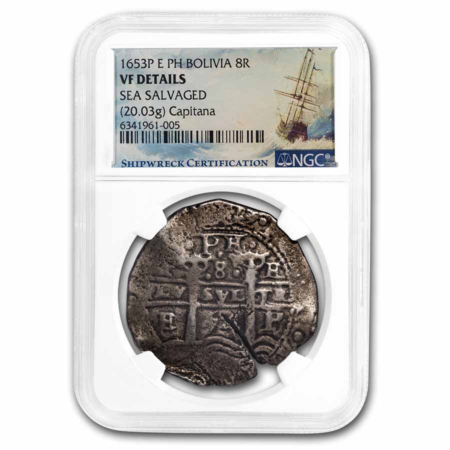 Buy (c.1654) 1653P E PH Bolivia AR 8 Reales NGC (Capitana