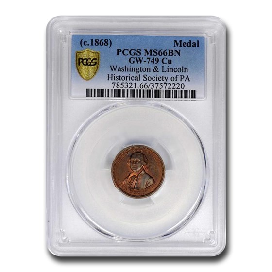 c. 1868 Washington & Lincoln Hist Soc of PA Medal MS-66 PCGS (BN) c. 1868 Washington & Lincoln Hist Soc of PA Medal MS-66 PCGS (BN)