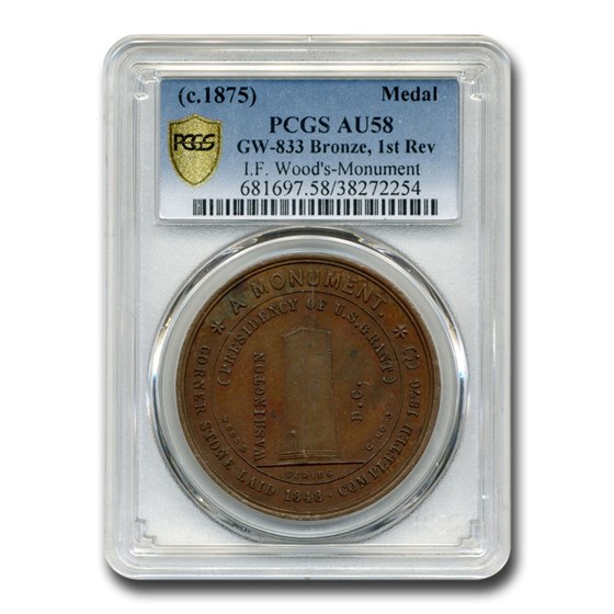 c. 1875 Isaac F. Wood's Monument Medal AU-58 PCGS c. 1875 Isaac F. Wood's Monument Medal AU-58 PCGS