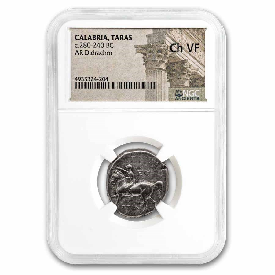 Calabria AR Didrachm Taras on Dolphin (280-240 BC) Ch VF NGC