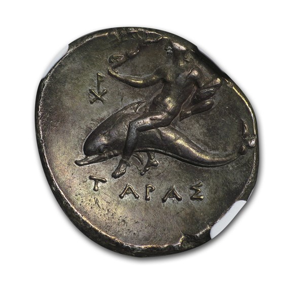 Buy Calabria Taras AR Didrachm Boy on Dolphin (302-280 BC) CH AU NGC