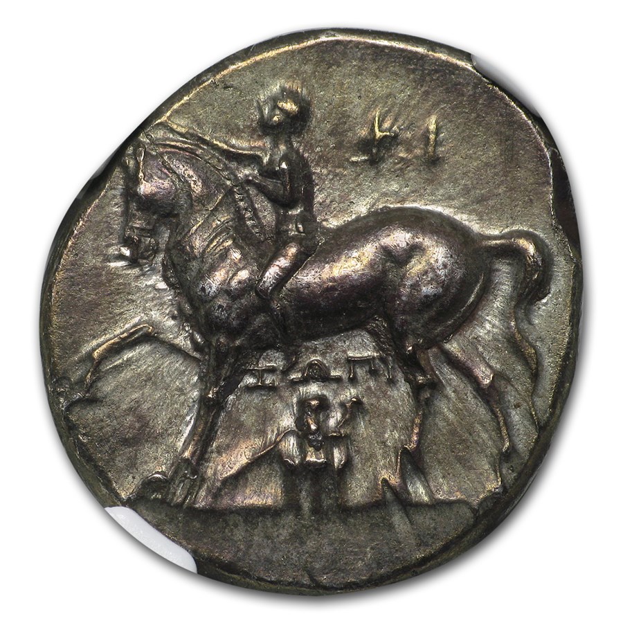 Buy Calabria Taras AR Didrachm Boy on Dolphin (302280 BC) CH AU NGC