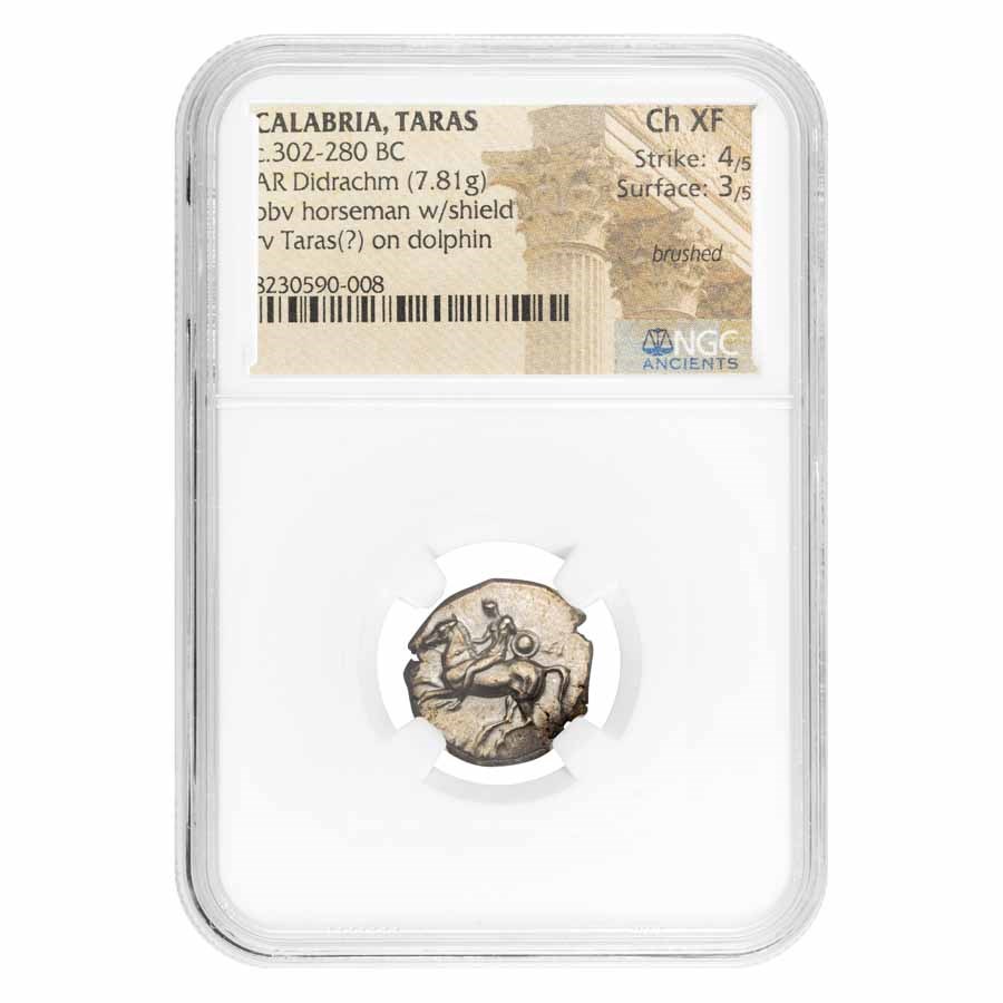 Calabria Taras AR Didrachm Boy on Dolphin (302-280 BC) Ch XF NGC