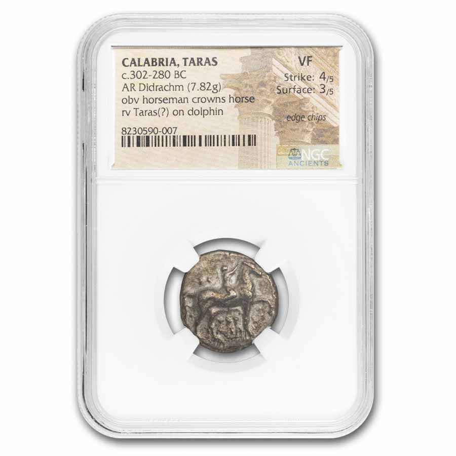 Calabria Taras AR Didrachm Boy on Dolphin (302-280 BC) VF NGC 4/3