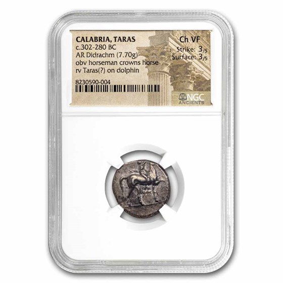 Calabria Taras AR Didrachm Boy on Dolphin CH VF NGC (302-280 BC) Calabria Taras AR Didrachm Boy on Dolphin CH VF NGC (302-280 BC)