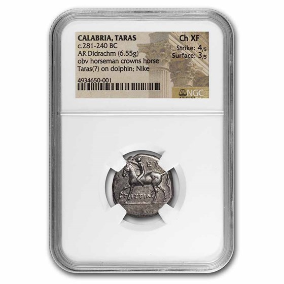 Calabria Taras AR Didrachm Horsman Crowns (281-240 BC) Ch XF NGC Calabria Taras AR Didrachm Horsman Crowns (281-240 BC) Ch XF NGC