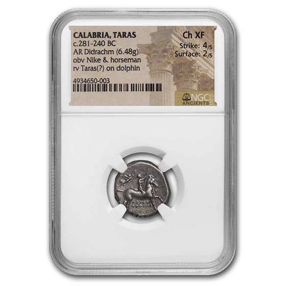 Calabria Taras AR Didrachm Nike Horseman (281-240 BC) Ch XF NGC Calabria Taras AR Didrachm Nike Horseman (281-240 BC) Ch XF NGC