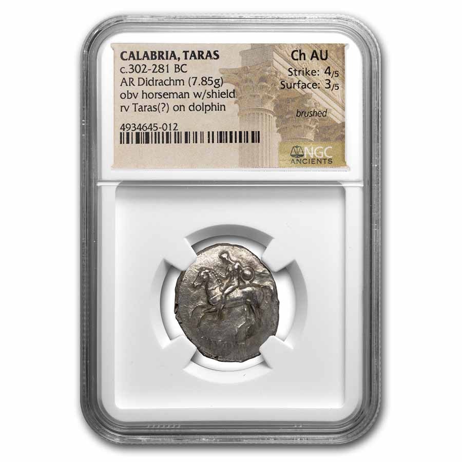 Buy Calabria Taras AR Didrachm Rider w/shield (302-281 BC) Ch AU NGC ...