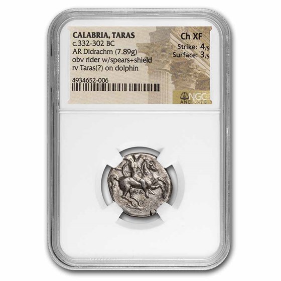 Calabria Taras AR Didrachm Rider w/shield (332-302 BC) Ch XF NGC Calabria Taras AR Didrachm Rider w/shield (332-302 BC) Ch XF NGC