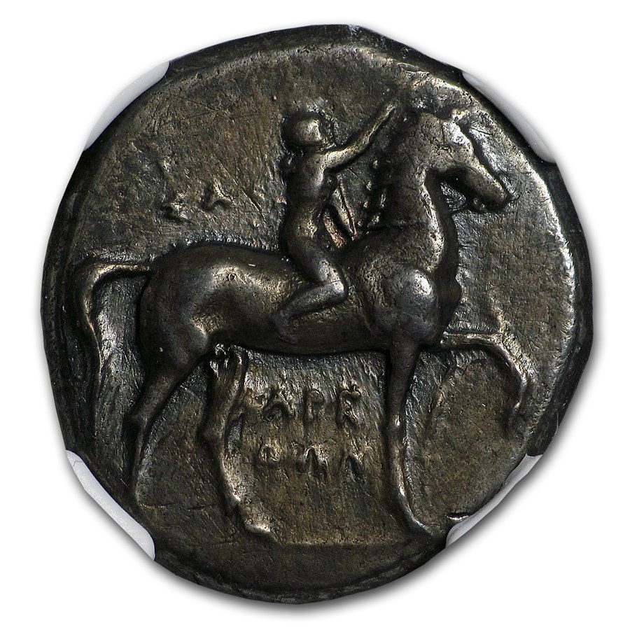 Buy Calabria Taras AR Didrachm Taras on Dolphin (281-240 BC) XF NGC | APMEX