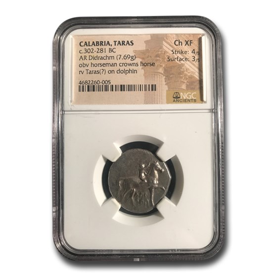 Calabria Taras AR Didrachm Taras on Dolphin (302-281BC) CH XF NGC Calabria Taras AR Didrachm Taras on Dolphin (302-281BC) CH XF NGC