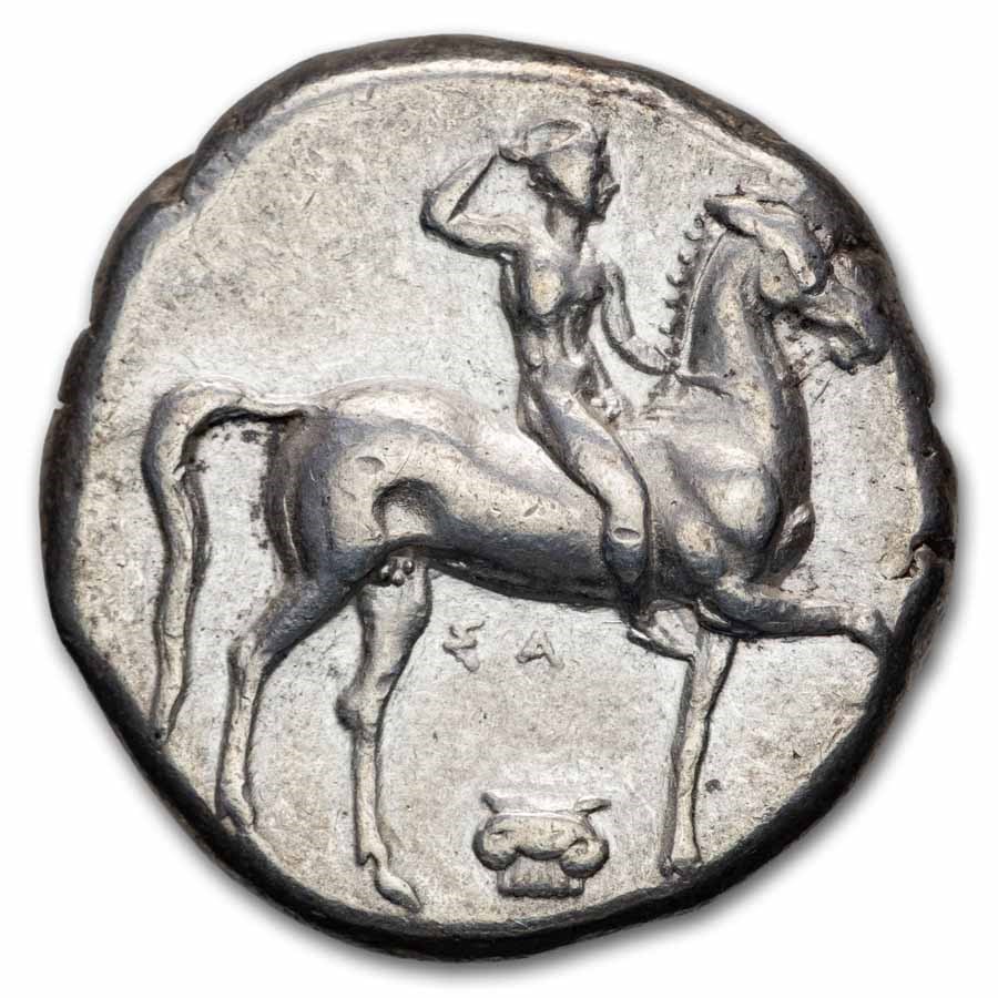 Calabria Tarentum AR Stater Rider (332-302 BC) Ch XF (Vlasto-655)