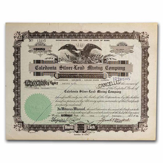 Caledonia Silver-Lead Mining Company Stock Certificate Caledonia Silver-Lead Mining Company Stock Certificate