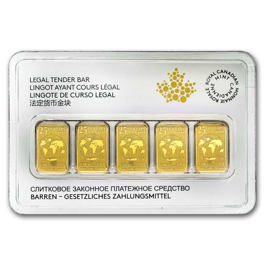 Canada 1/10 oz Gold $25 5-Bar Set In Assay (Random Year)