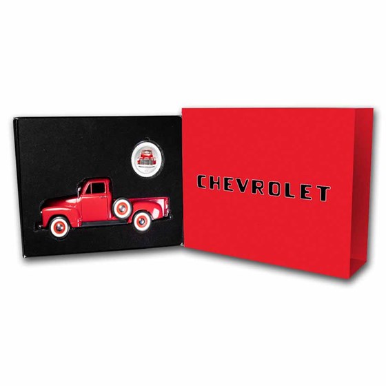 Chevrolet 1 oz Silver Round Truck Ornament & Red Die-cast Truck Chevrolet 1 oz Silver Round Truck Ornament & Red Die-cast Truck