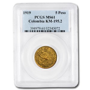 Colombia Gold 5 Pesos MS-61 PCGS (Random)