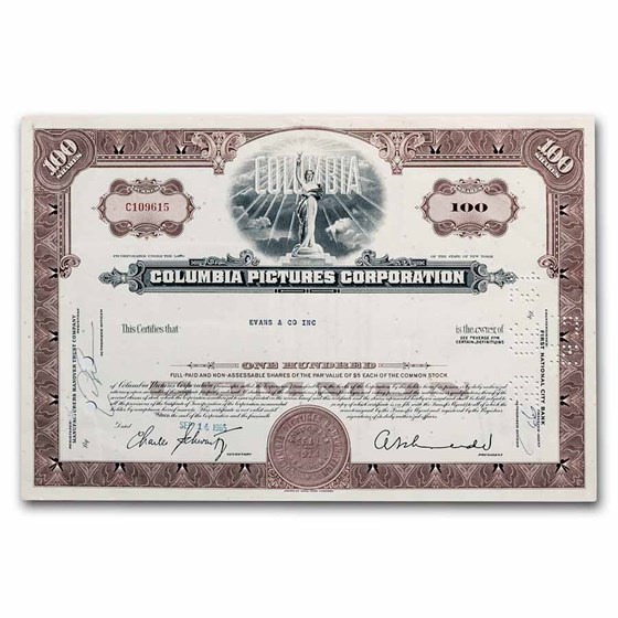 Columbia Pictures Corporation Stock Certificate - Set of 2 Colors