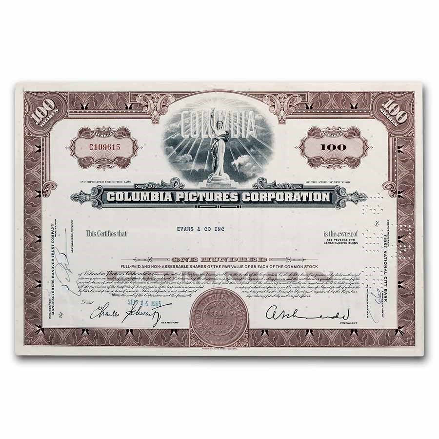Columbia Pictures Corporation Stock Certificate - Set of 2 Colors