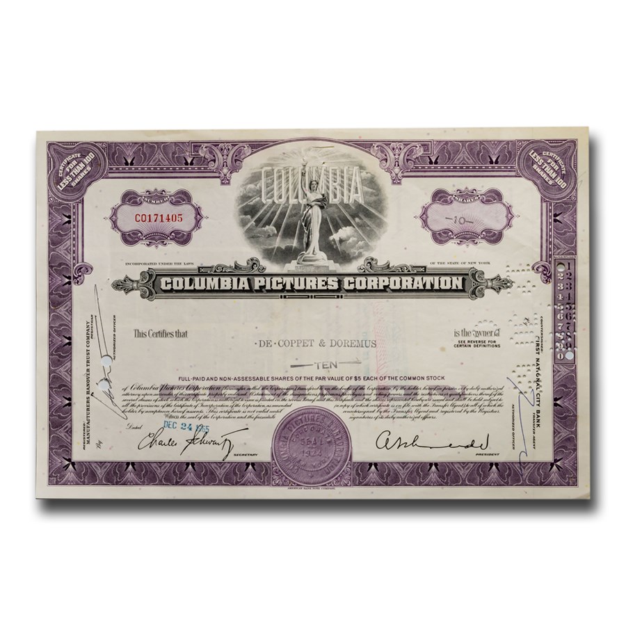 Columbia Pictures & Paramount Pictures Pair Stock Certificates