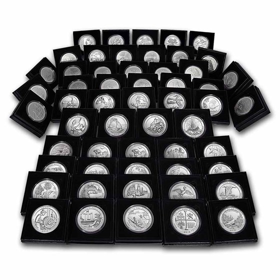 Complete 56-Coin Burnished 5 oz Silver ATB Set (w/Box & COA) Complete 56-Coin Burnished 5 oz Silver ATB Set (w/Box & COA)