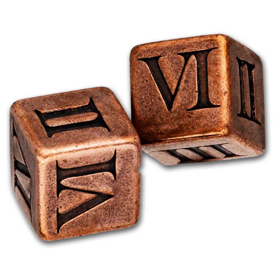 Copper Gaming Dice w/ Leather Bag - Roman Numeral Design