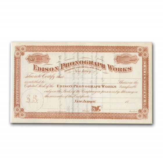 Edison Phonograph Works Stock Certificate (Circa 1888)