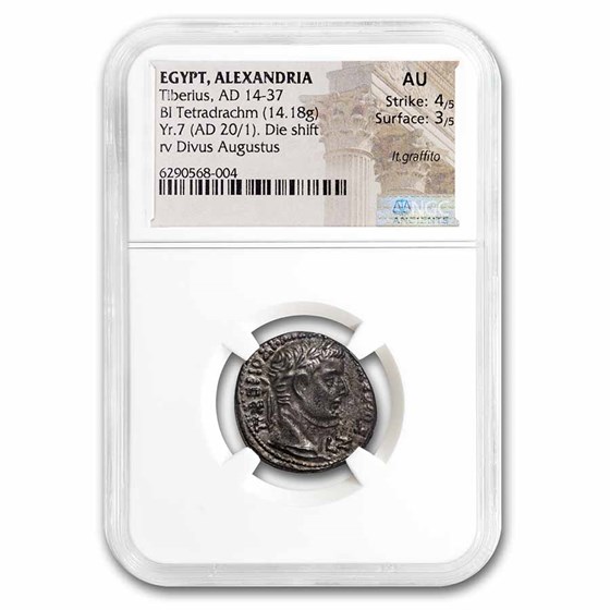 Egypt Alexandreia BI Tetradrachm Tiberius 20 AD AU NGC RPC I 5089 Egypt Alexandreia BI Tetradrachm Tiberius 20 AD AU NGC RPC I 5089