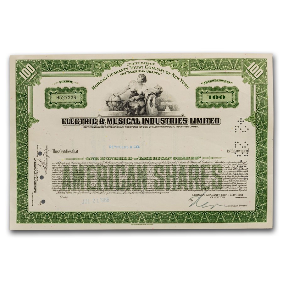 Electric & Musical Industries Lmtd. "Beatles" Stock Cert. (Green)