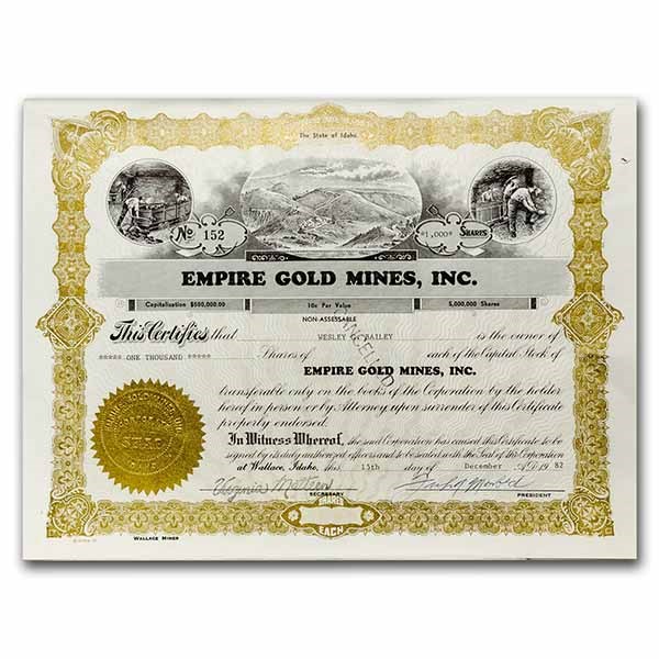 Buy Empire Gold Mines, Inc. Stock Certificate APMEX
