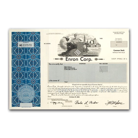 Enron Corp Stock Certificate Enron Corp Stock Certificate